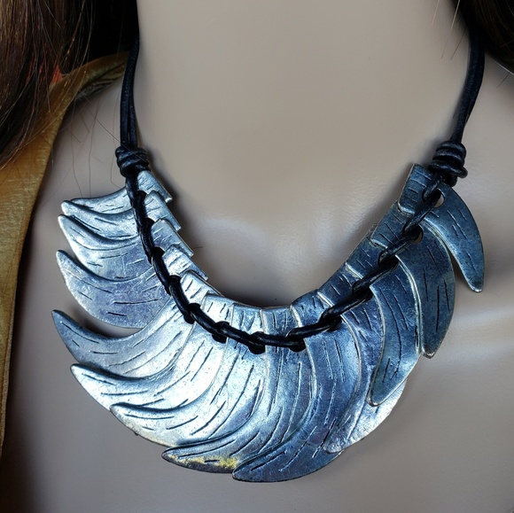 Silver Tusks on Dark Brown Rope Chain Necklace - Picture 2 of 2